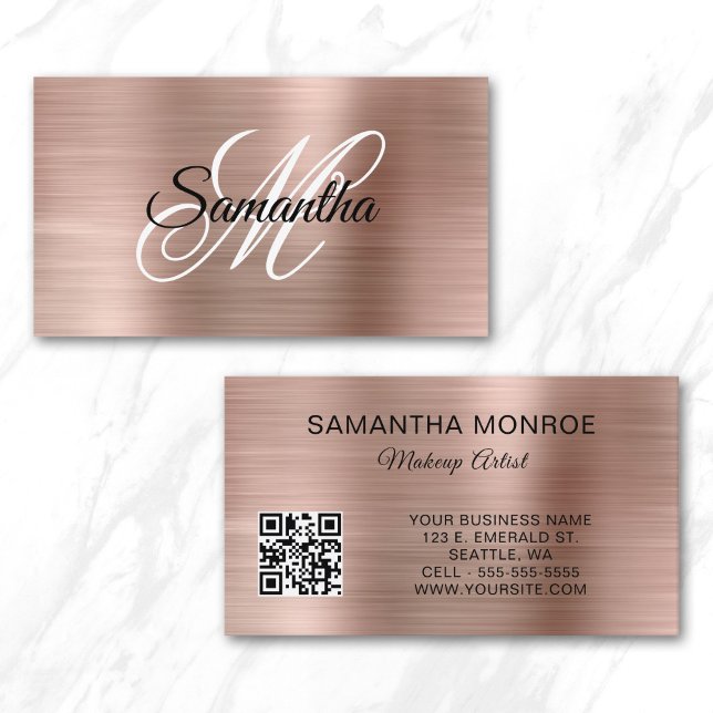 Rose Gold Foil Fancy Monogram QR Code Business Card (Rose Gold Foil Fancy Monogram QR Code Business Card)