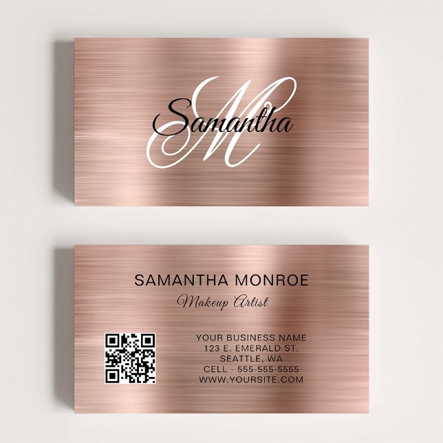 Rose Gold Foil Fancy Monogram QR Code Business Card (Rose Gold Foil Fancy Monogram QR Code Business Card)
