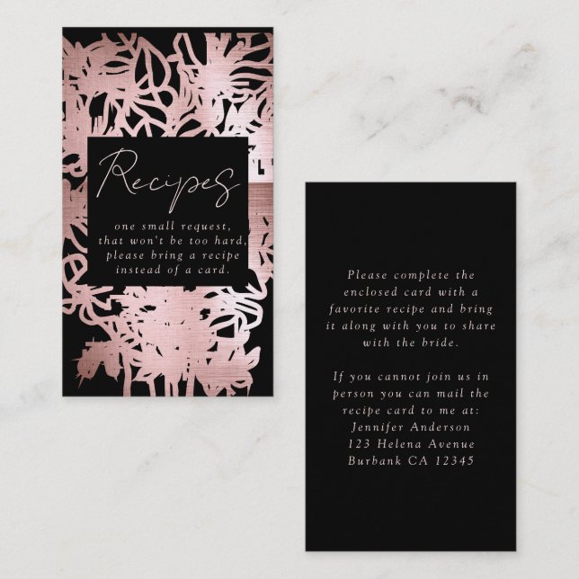 Rose Gold Foil Floral Bridal Shower Recipe Request Enclosure Card (Front/Back)