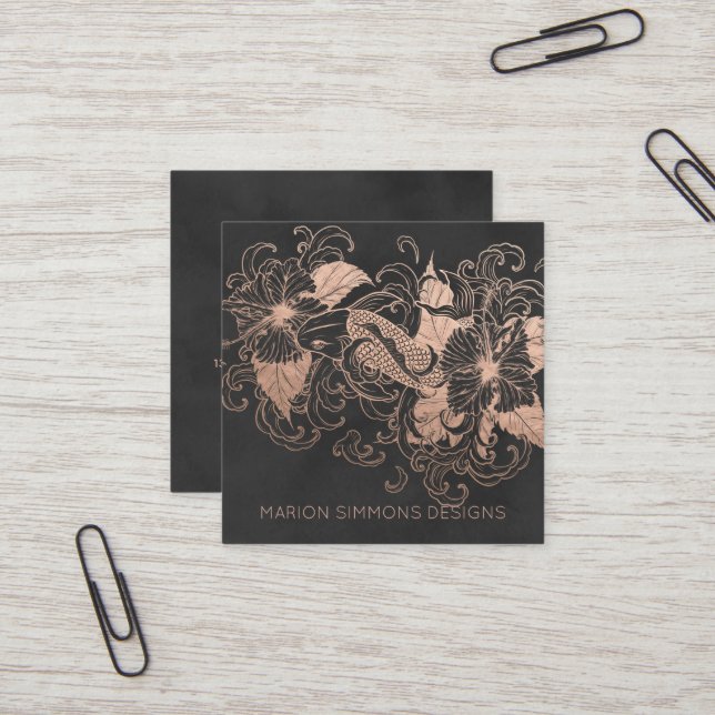Rose Gold Foil Floral Koi Square Business Square Business Card (Front/Back In Situ)