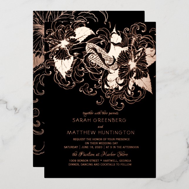Rose Gold Foil Floral Koi Wedding Invitation (Front/Back)