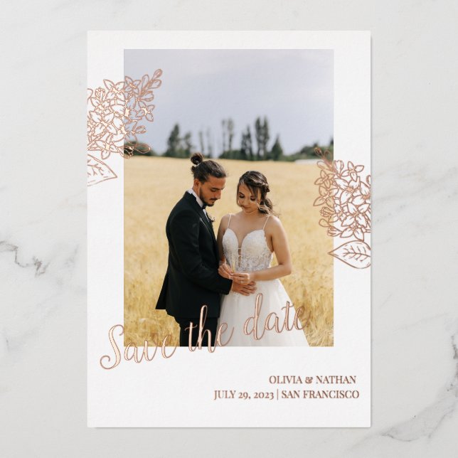 Rose gold foil floral modern save the date foil in (Front)