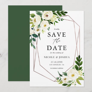 Rose Gold Foil Geometric White Floral Frame Spring Save The Date