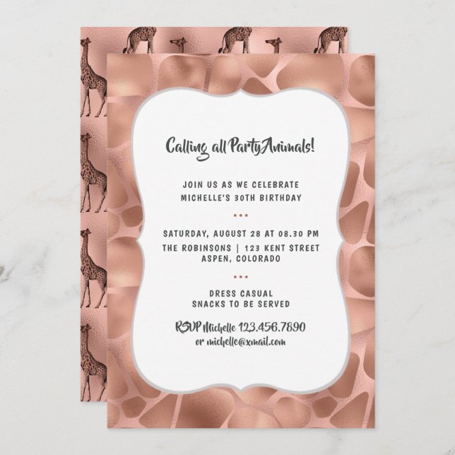 Rose Gold Foil Giraffe Any Age Birthday Invitation (Front/Back)