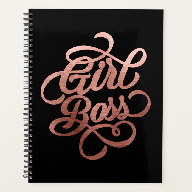 Rose Gold Foil Girl Boss Typography Black Planner (Front)