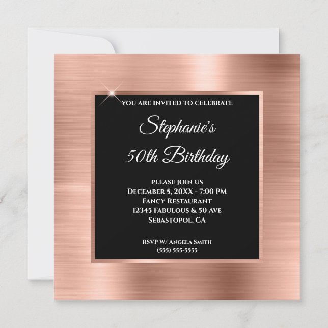 Rose Gold Foil Glam Black Overlay 50th Birthday Invitation (Front)