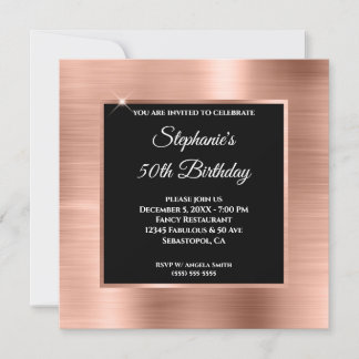 Rose Gold Foil Glam Black Overlay 50th Birthday Invitation