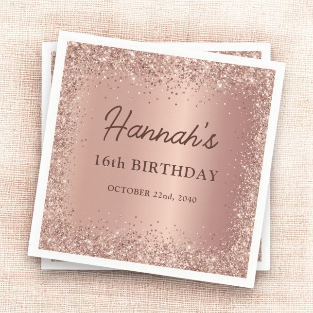 Rose Gold Foil Glitter 16th Birthday Name Napkin (Creator Uploaded)