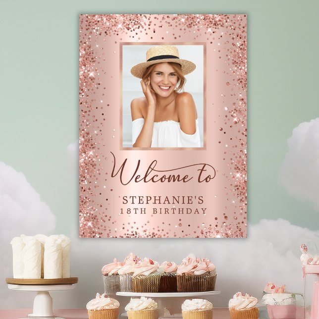 Rose Gold Foil Glitter 18th Birthday Photo Welcome Poster (Creator Uploaded)