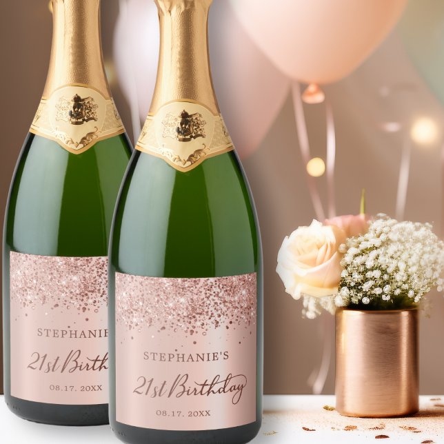 Rose Gold Foil Glitter 21st Birthday Monogram Sparkling Wine Label (Creator Uploaded)
