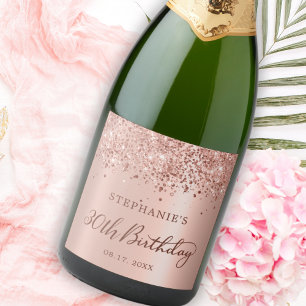 Rose Gold Foil Glitter 30th Birthday Monogram Sparkling Wine Label