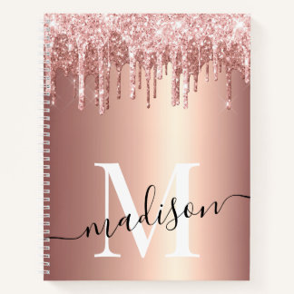 Rose Gold Foil Glitter Drip Monogram Script Notebook
