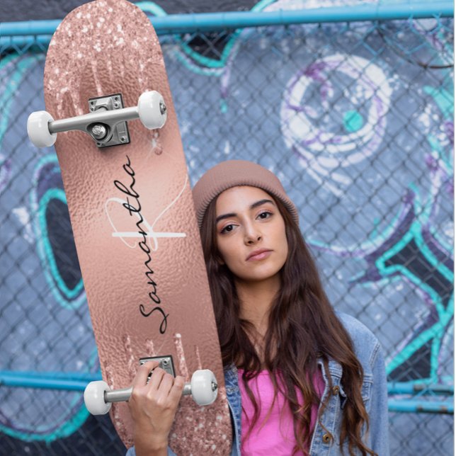 Rose gold Foil Glitter Monogram Pretty Skateboard (Creator Uploaded)