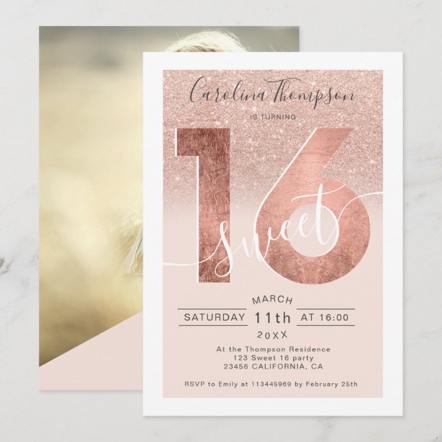 Rose gold foil glitter script blush Sweet 16 photo Invitation (Front/Back)