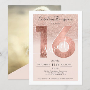 Rose gold foil glitter script blush Sweet 16 photo Invitation