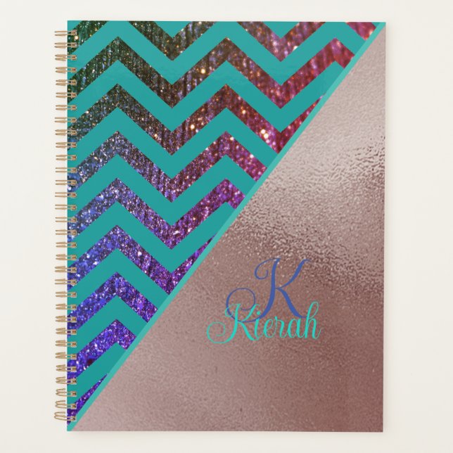  Rose Gold Foil Glittery Chevron Teal Green Girly  Planner (Front)
