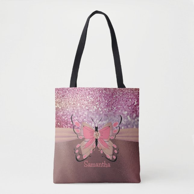 Rose Gold Foil Glittery Decorative Bow Girly Name Tote Bag (Front)