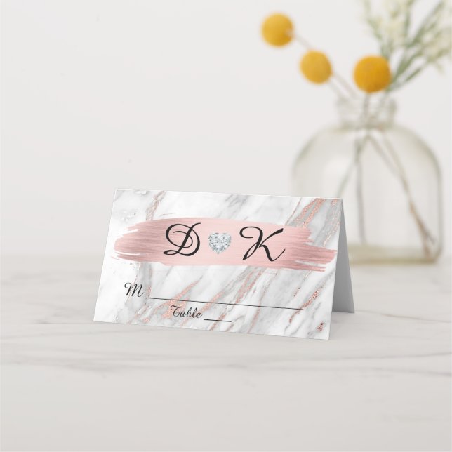 Rose Gold Foil Grey Marble Monogram Heart Wedding Place Card (Front)
