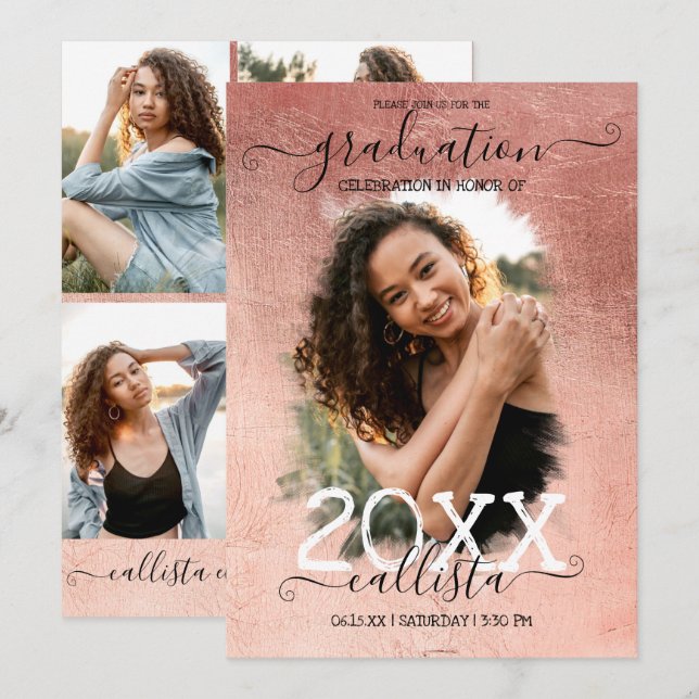 Rose Gold Foil Halo Photo Collage Graduation Invitation (Front/Back)