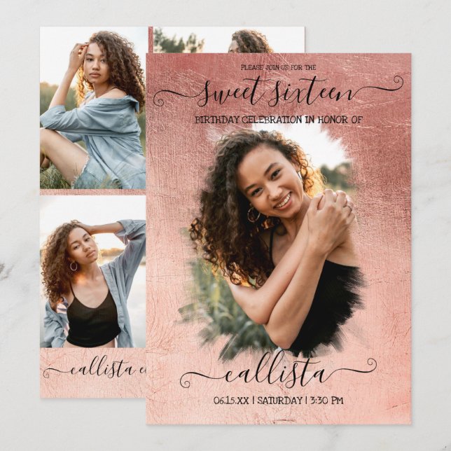Rose Gold Foil Halo Photo Collage Sweet 16 Invitation (Front/Back)