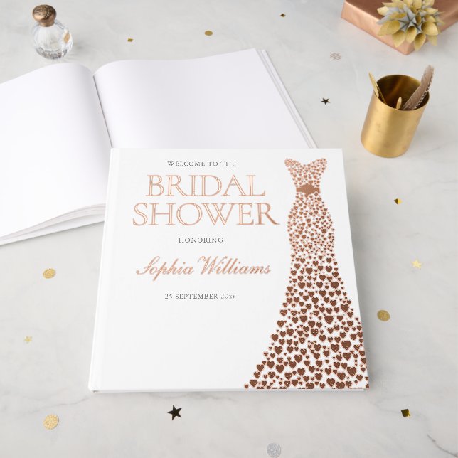 Rose Gold Foil Heart Dress Bridal Shower Guest Book (Front Open)