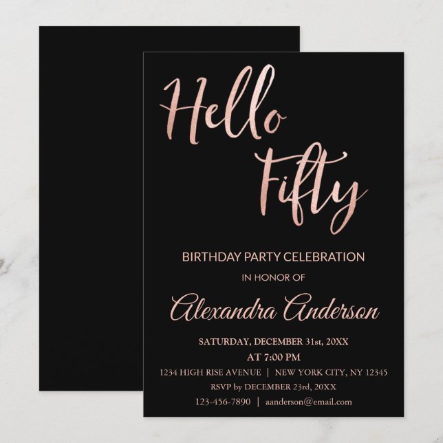 Rose Gold Foil Hello 50 Fiftieth Birthday Party Invitation (Front/Back)