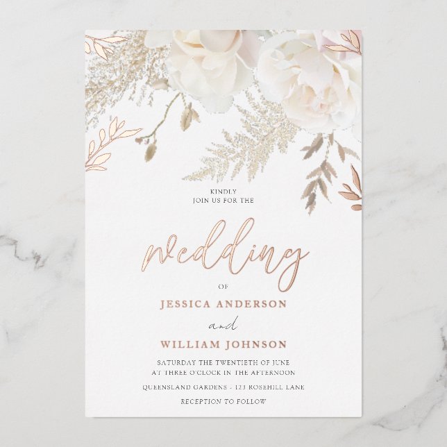Rose Gold Foil Ivory White Floral Wedding (Front)