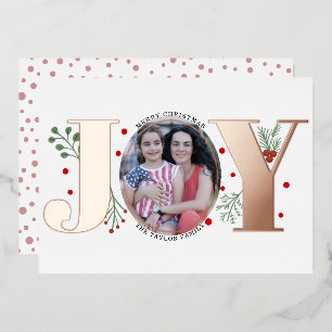 Rose gold foil Joy and berries Christmas photo Holiday Card