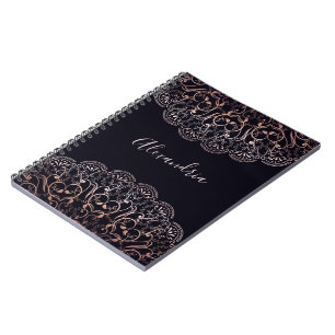 Rose gold foil lace mandala black journal