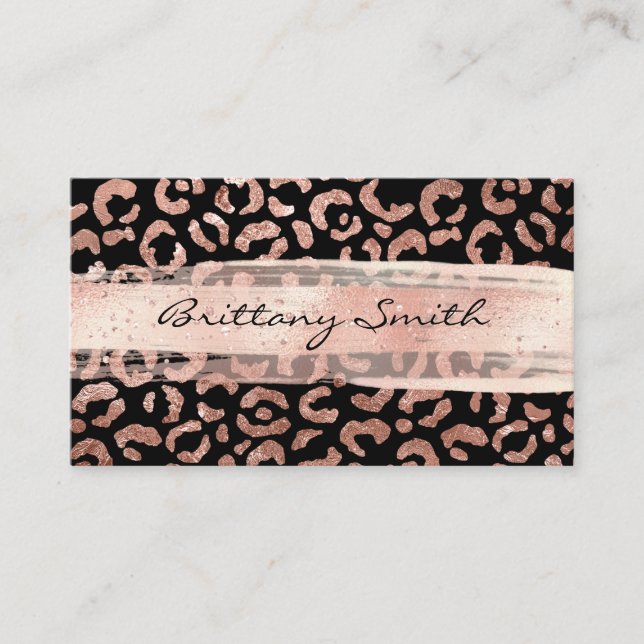 Rose Gold Foil Leopard Pattern Blush Brush Stroke Business Card (Front)