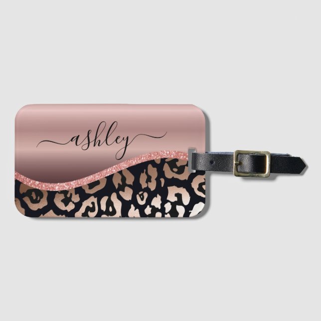 Rose Gold Foil Leopard Print Luggage Tag (Front Horizontal)