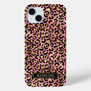 Rose Gold Foil Leopard Print Monogrammed iPhone 15 Mini Case