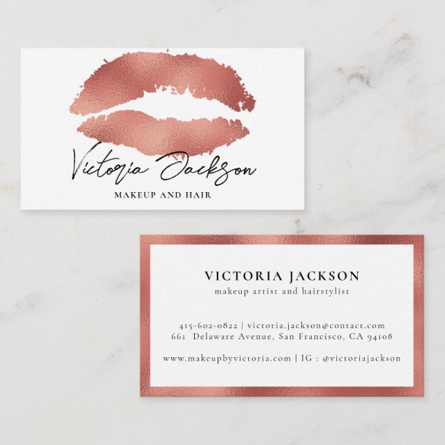 Rose Gold Foil Lips Modern Elegant White Beauty Business Card (Front/Back)