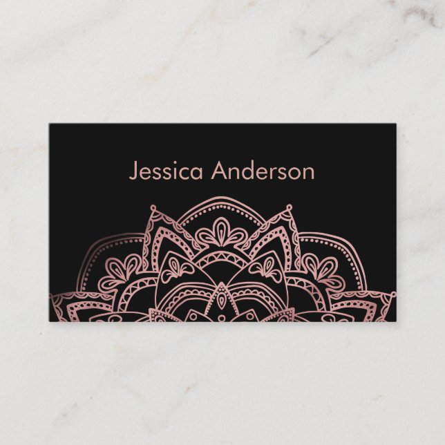 Rose Gold Foil Lotus Mandala Over Black Business Card (Front)
