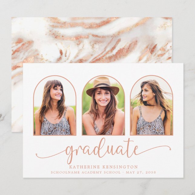 Rose Gold Foil Marble Arch 3 Photo Graduation Invitation (Front/Back)