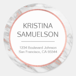 Rose Gold Foil Marble Grey Name & Return Address Classic Round Sticker