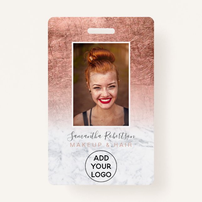 Rose gold foil marble logo employee photo pass ID badge (Front)
