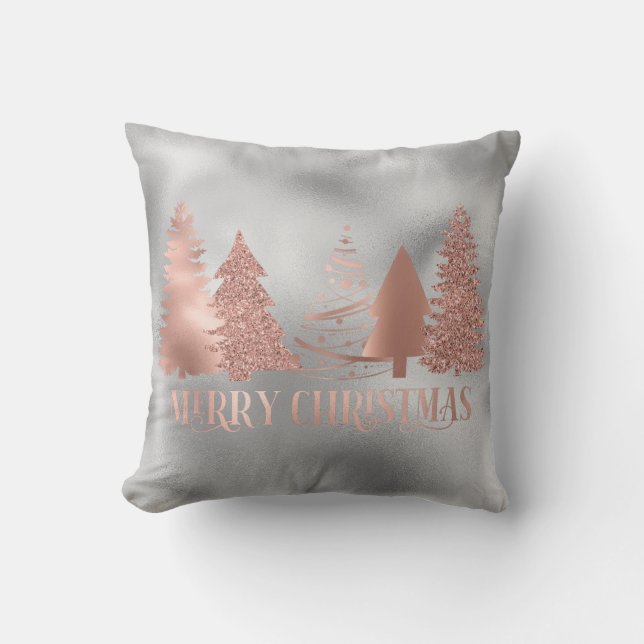 Rose Gold Foil Metallic Merry Christmas Tree Cushion (Front)