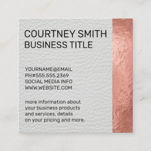 Rose Gold Foil Metallic Trim White Leather Square Business Card