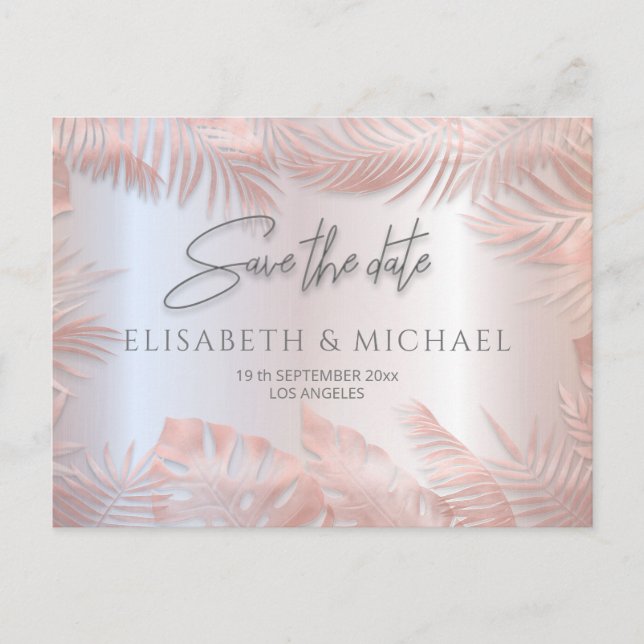 Rose gold foil metallic tropical leaves romantic a announcement postcard (Front)