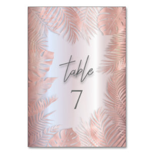 Rose gold foil metallic tropical leaves romantic table number