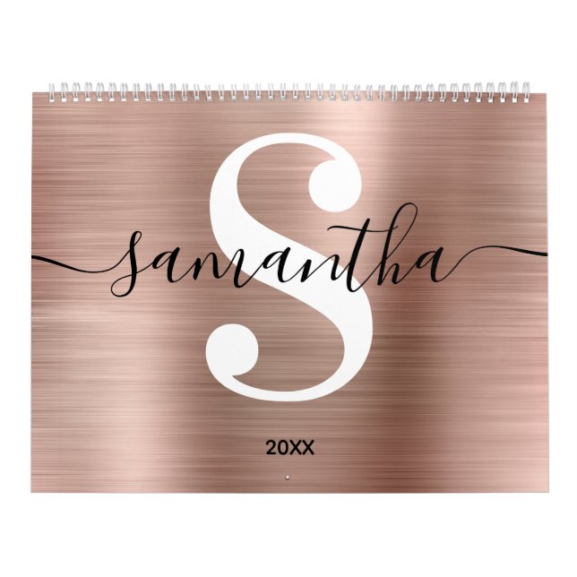 Rose Gold Foil Modern Signature Monogram Photo Calendar (Cover)