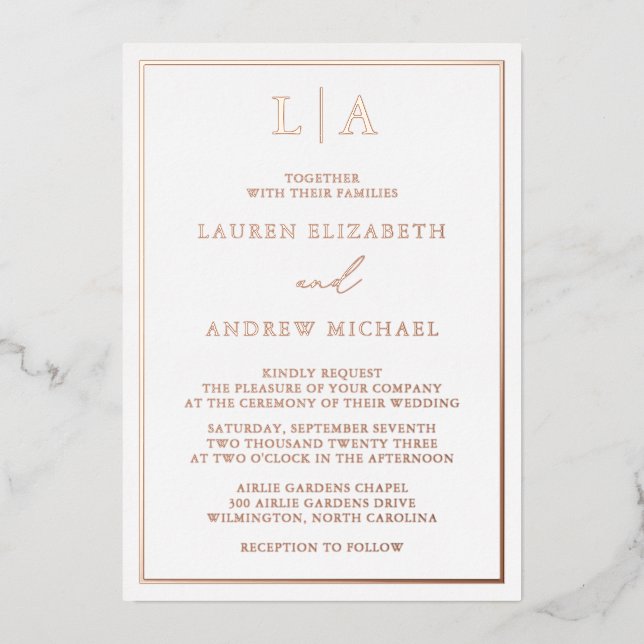 Rose Gold Foil Monogram Border Minimalist Wedding (Front)