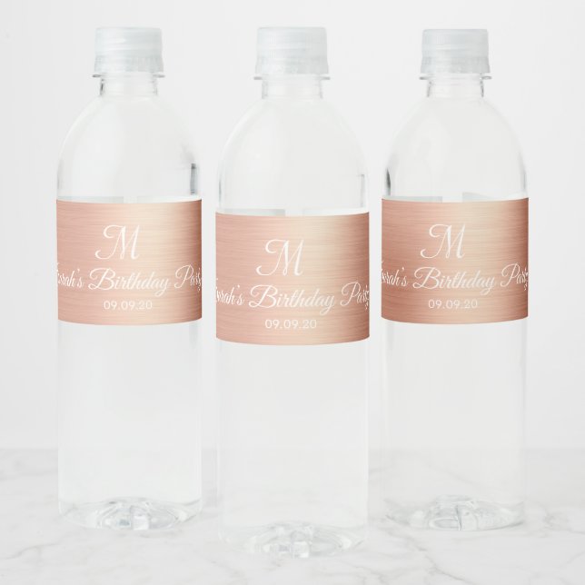 Rose Gold Foil Monogram Wedding Birthday Favour Water Bottle Label (Bottles)