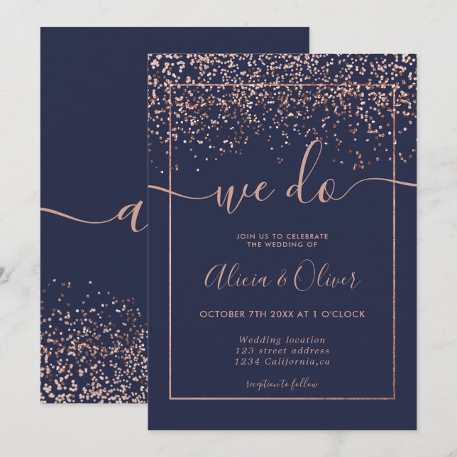 Rose gold foil navy blue chic initials wedding invitation (Front/Back)