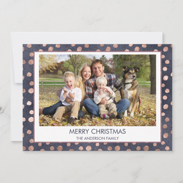 Rose Gold Foil - Navy Blue Christmas Family Photo Holiday Card (Front)