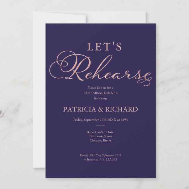 Rose Gold Foil Navy Blue Rehearsal Dinner Invitation (Front)