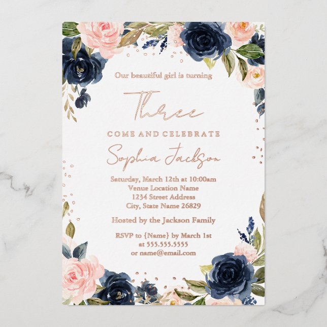 ROSE GOLD FOIL Navy Blush 3rd Girl Birthday  (Front)