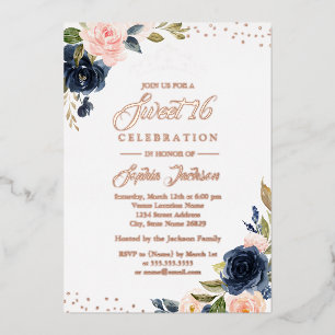 ROSE GOLD FOIL Navy Blush Floral Tiara Sweet 16 