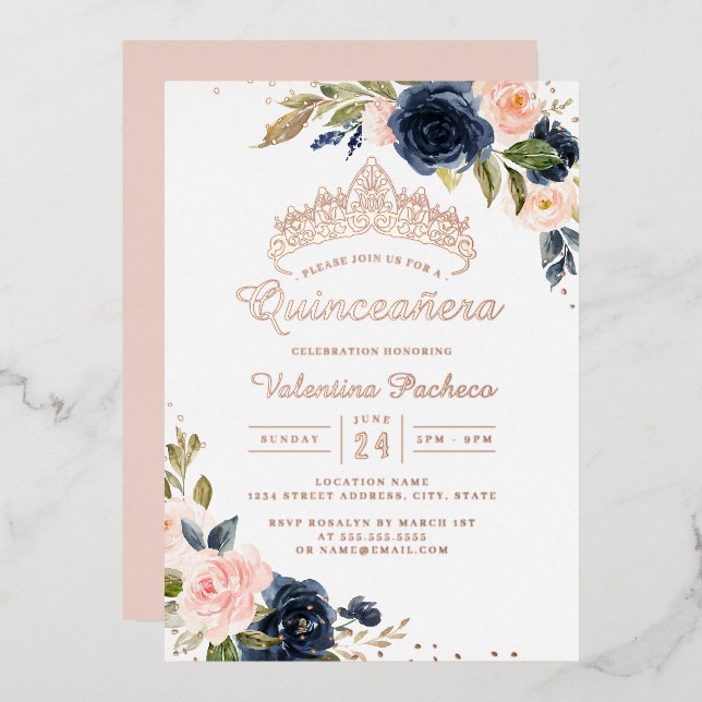 ROSE GOLD FOIL Navy Blush Quinceanera  (Front/Back)